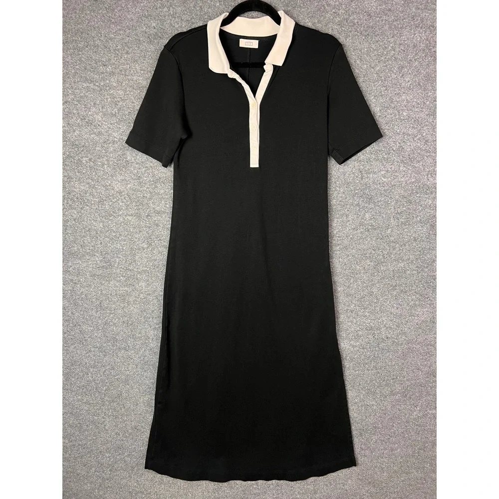AYR Polo Dress Womens L Black Excellent Pima Cotton Short Sleeve Midi Side Slit